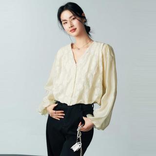 初棉 法式复古V领气质衬衫女提花设计感 25泡泡袖宽松显瘦衬衣