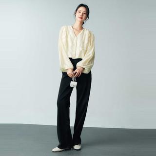 初棉 法式复古V领气质衬衫女提花设计感 25泡泡袖宽松显瘦衬衣