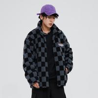 冬季棉衣男韩系百搭时尚棋盘格仿羊羔绒茄克男士棉衣
