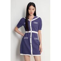 欧时力 夏季海军领撞色珠片纱小香风针织连衣裙