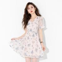 洛瑞琳 LAURÉLINE 法式气质V领碎花连衣裙女夏季收腰设计感泡泡袖A字裙子