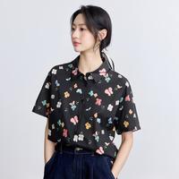 茵曼 纯棉小众印花短袖衬衫女2025夏季田园度假宽松舒适衬衣上衣