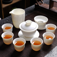 移动端、京东百亿补贴：菲享 fashion 羊脂玉功夫茶具套装家用客厅简约办公室会客德化白瓷盖碗茶杯 羊脂玉描金款套装-玉兰杯型 10头