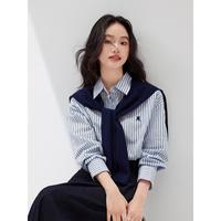 In's 【衬衫+披肩2件套】25秋款纯棉竖条纹显瘦长袖衬衣套装ins