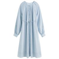 范思蓝恩设计感圆领连衣裙女2024秋装亚麻宽松显瘦高腰裙子女 冰晶蓝 S
