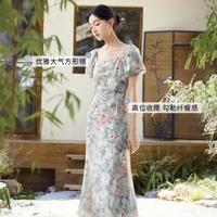 香影 X.YING 【莫奈花园】碎花方领裙子女夏高级感连衣裙女长裙泡泡袖鱼尾裙