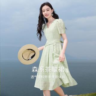 香影 X.YING【时尚夏装】v领连衣裙女小清新收腰茶歇法式泡泡袖裙子