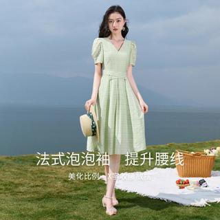 香影 X.YING【时尚夏装】v领连衣裙女小清新收腰茶歇法式泡泡袖裙子