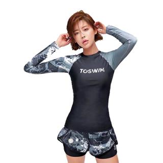 TOSWIM 女士泳衣分体式游泳衣女时尚印花保守显瘦遮肚两件套泳装