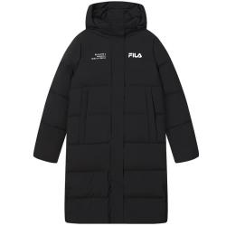 FILA 斐护科技|斐乐女装长款羽绒服冬季休闲简约连帽保暖羽绒外套 正黑色-BK 160/80A/S