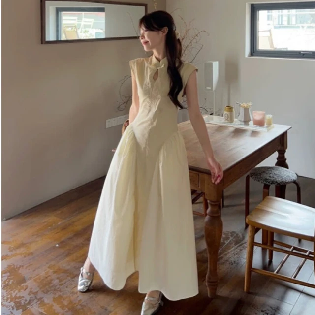 FOURDATRY新中式连衣裙女夏盘扣改良旗袍背心无袖杏色中长裙 杏色#768 S