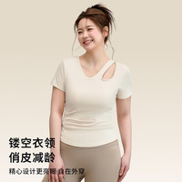 雪茜曼胖mm大码瑜伽服短袖女速干运动t恤紧身跑步上衣普拉提训练服 米杏色 2XL 【145-160斤】