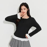 三福 女秋季微宽松收褶纽扣花边单衣 休闲打底内搭长袖上衣504758