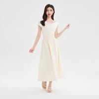 三福 连衣裙2025夏季荡领斜肩蕾丝拼接收腰长款裙子女装500857