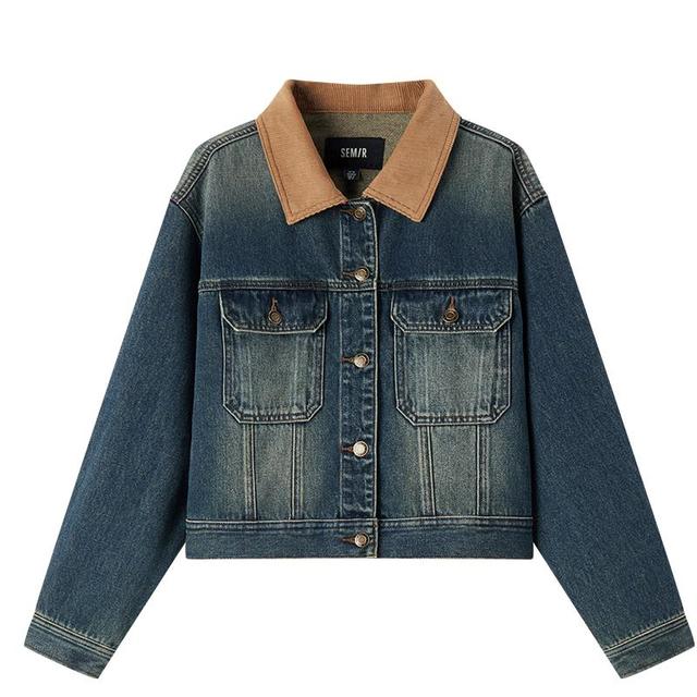 森马 森柔牛仔 女士翻领做旧复古夹克 小个子街头风