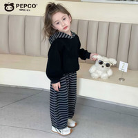 小猪班纳男童女童秋款卫衣套装儿童可爱休闲运动套装宝宝卡通条纹 条纹连帽套装 女孩 80 cm