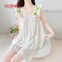 古今(GUJIN)带胸垫【小飞袖】泡泡纱睡衣女背心家居服睡裤甜美轻薄套装L