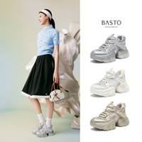 百思图2025夏季商场网面透气老爹鞋厚底女运动休闲鞋B2501BM5 银色 38