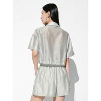 【莱赛尔衬衫】夏绑带设计显瘦收腰翻领落肩袖女衬衫