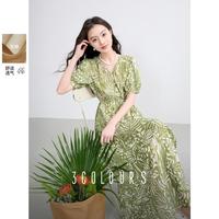 三彩 2025夏莱赛尔连衣裙V领收腰A字裙泡泡袖长裙度假S