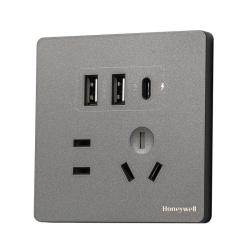 霍尼韦尔 开关插座面板哑光 五孔带双USB+Type-c 15W快充T3灰