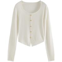 范思蓝恩23FS13182优雅方圆领针织衫春秋下摆开叉打底上衣 米白色 L