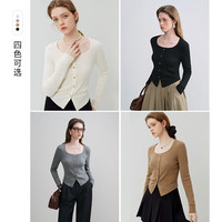范思蓝恩23FS13182优雅方圆领针织衫春秋下摆开叉打底上衣 奶咖色 XL