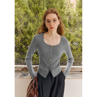 范思蓝恩23FS13182优雅方圆领针织衫春秋下摆开叉打底上衣 鸢尾黑 L