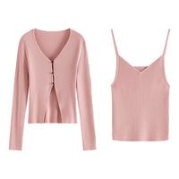 范思蓝恩粉色针织开衫外套女春装2024气质V领上衣24FS11246 粉色吊带 XS