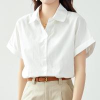 爱肯 纯棉女士短袖白色衬衫夏季款翻领衬衣职业通勤半袖上衣