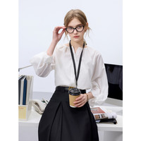 三彩2025春季休闲白衬衫圆领宽松衬衣开衫花苞九分袖M