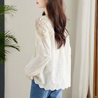 子牧棉麻2024春夏装 女长袖衬衫韩版百搭蕾丝镂空上衣通勤衬衣7006 杏色 XL (125-135斤)