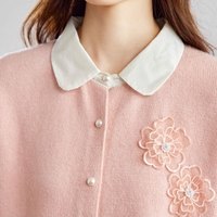 子牧棉麻2025秋装 女时尚立体花朵拼色翻领针织开衫外搭短款外套5592 粉色 均码 （95-140斤）