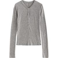 初语修身轻薄云感T恤女2025秋季天丝羊毛长袖复古亨利领上衣 花灰色 L