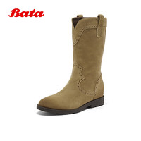 Bata孟子义同款西部靴女25冬商场牛皮复古擦色软底牛仔靴67011DS5 杏色 35