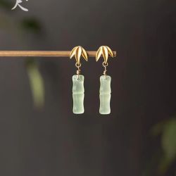 花饰庄园 竹节新中式国风耳饰玉石耳环绿色耳坠玉竹旗袍配饰耳钉女 山尺玉竹耳钉