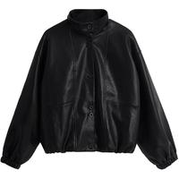 茵曼简约休闲立领皮衣黑色外套2025秋季女装宽松短款夹克上衣 午夜黑 M