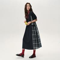 佐丹奴 设计系列2025年格纹拼接圆领插肩梭织短袖T恤连衣裙女士