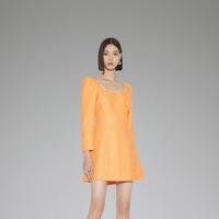 欧时力 黑标系列春装 镶钻提花方领法式收腰连衣裙