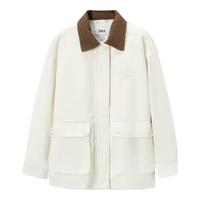 森马外套女中长款宽松翻领刺绣春秋复古灯芯绒夹克109524108005 咖白色调00351 XL