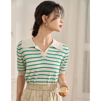 茵曼（INMAN）撞色条纹Polo领短袖针织衫夏季百搭显瘦气质薄款上衣 绿条纹_备用 M