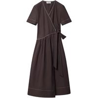 ERDOS 25早秋纯棉V领围裹自然收腰法式A字裙装女连衣裙 粉末咖啡色 L 170/88A