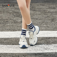 三福女士运动鞋慢跑时尚不规则线条拼色女老爹鞋825331 白拼黑加厚 36