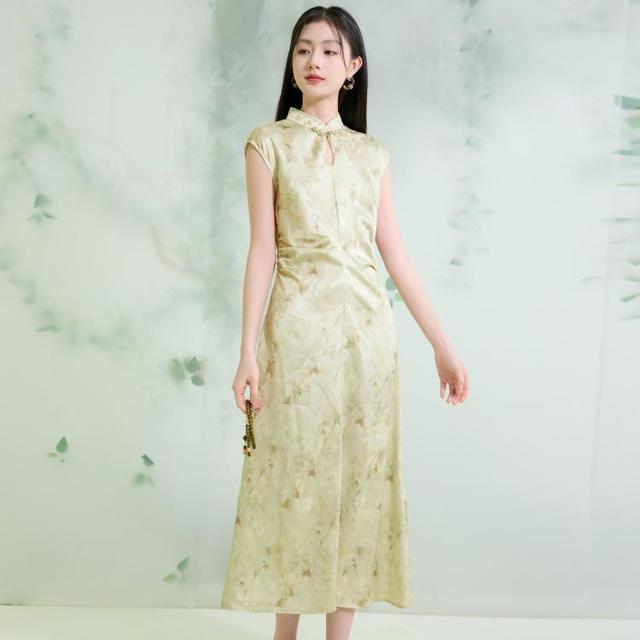 3COLOUR 三彩 2025夏季新中式缎面连衣裙改良旗袍裙C