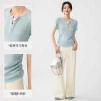 秋水伊人 【Fairy系列】抽褶含绵羊毛针织衫假两件可两穿显瘦短袖上衣