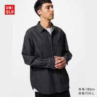 优衣库男装/男女同款牛仔宽松衬衫/水洗产品长袖衬衣478115 480761/09黑色 L /175/100A