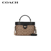 COACH 女士人造革配皮斜挎单肩手提包 棕黄色拼黑色 CBQ35