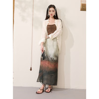 三彩【岚烟暮影】2025秋款新中式渐变晕染半身裙直筒长裙C 淡灰绿 M 160/68A