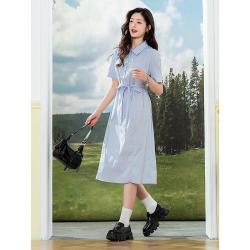 La·go·go 2025夏款气质优雅通勤落肩舒适宽松百搭A字裙显瘦衬衫裙女
