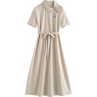 初语撞色纽扣斜门襟连衣裙女2025夏季珠地系带收腰中长POLO裙 米杏色 XL